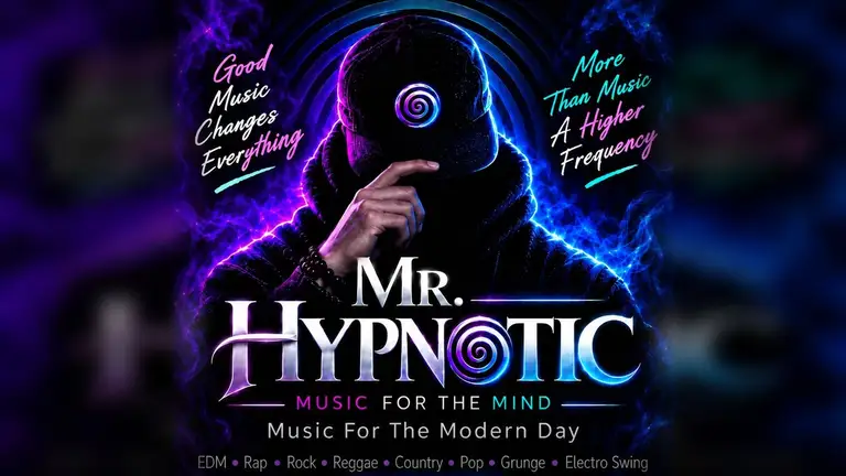 Mr. Hypnotic pulling down his hat with purple and blue smoke, hypnotic rings, and the sayings Good Music Changes Everything and More Than Music, A Higher Frequency